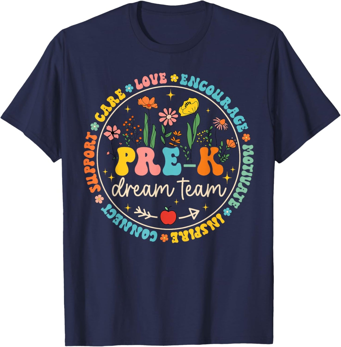 Pre-K Dream Team Back To School Teacher Care Love Floral T-Shirt - T-Shirt | Navy