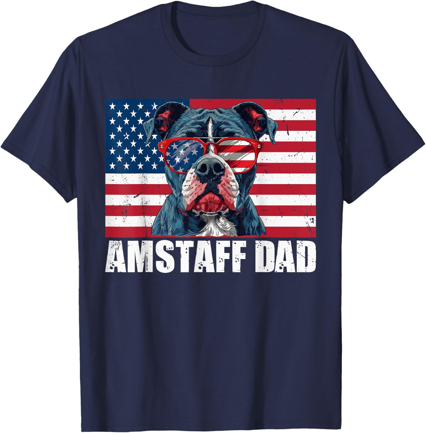 Amstaff Dad American Staffordshire US Flag 4th of July Women Kids Men T-Shirt - T-Shirt | Navy