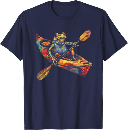 Vintage Colorful Kayaking Therapy Frog T-Shirt - T-Shirt | Navy