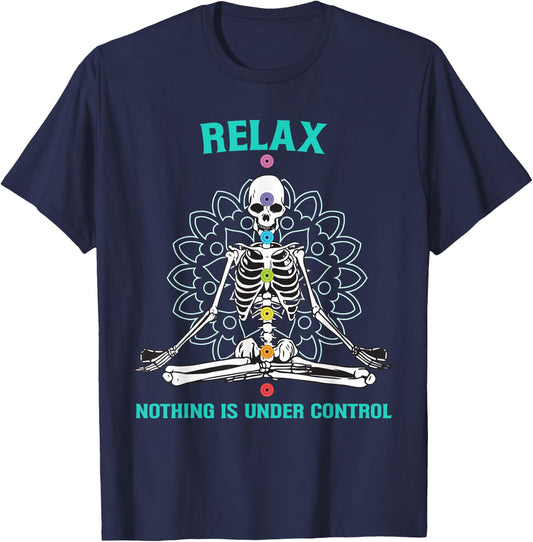 Relax Nothing is Under Control Meditating Skeleton Yoga T-Shirt - T-Shirt | Navy
