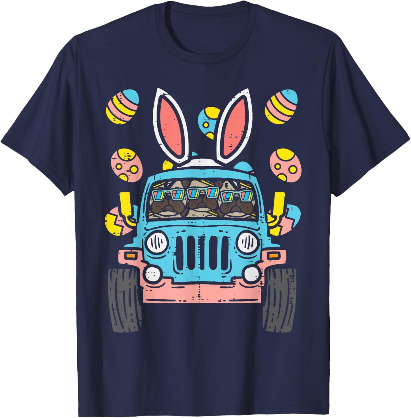 Pugs Monster Truck Bunny Ears Eggs Easter Egg Hunt Boys Kids T-Shirt - T-Shirt | Navy