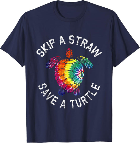 Skip a Straw Save a Turtle tie dye T-Shirt - T-Shirt | Navy