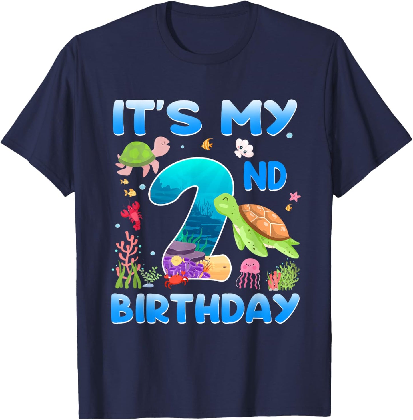 2 Year Old Girls Boys 2nd Birthday Sea Turtle Themed T-Shirt - T-Shirt | Navy