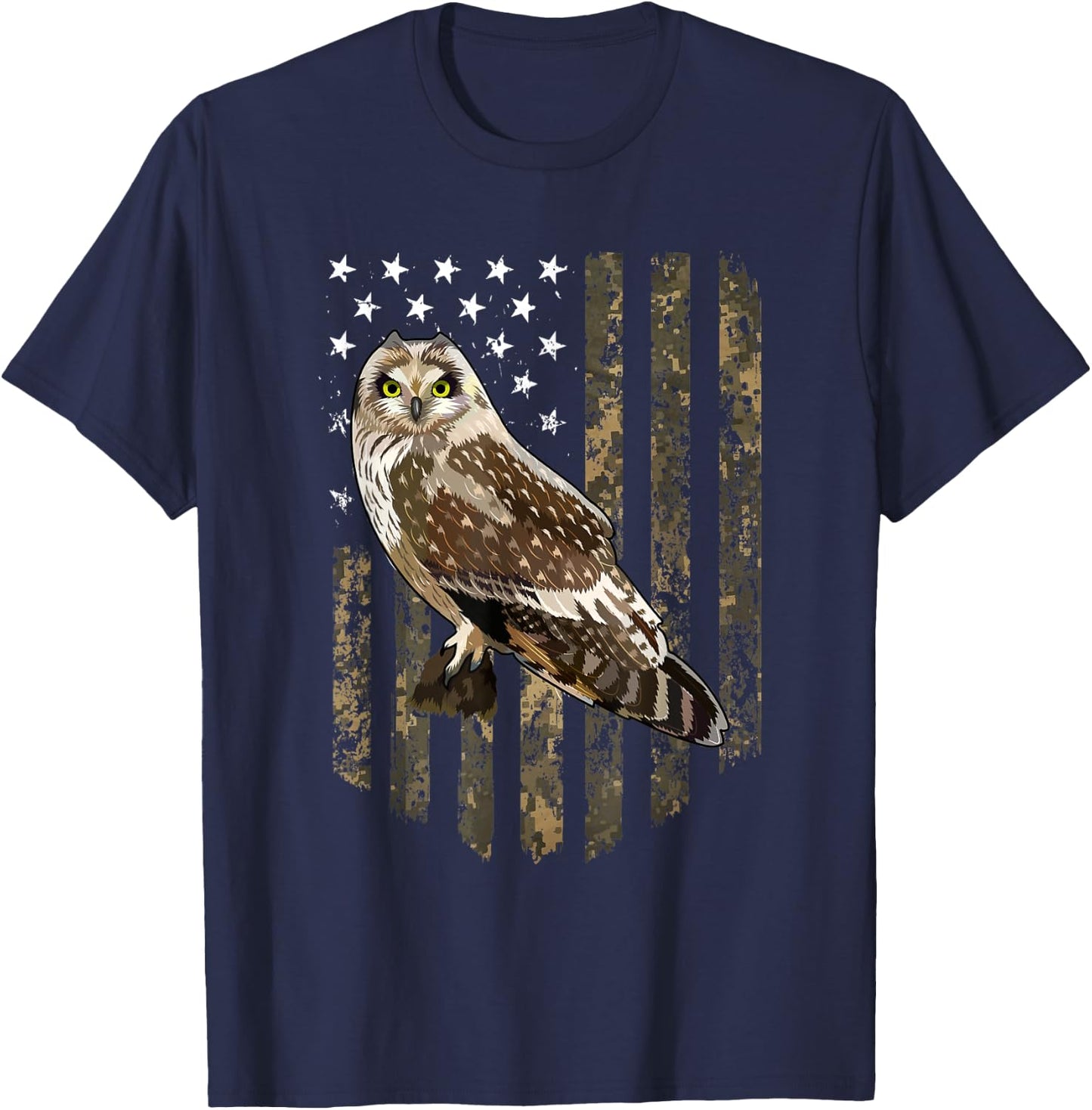 Camo American Flag Short-eared Owl Bird 4th Of July Women Men T-Shirt - T-Shirt | Navy