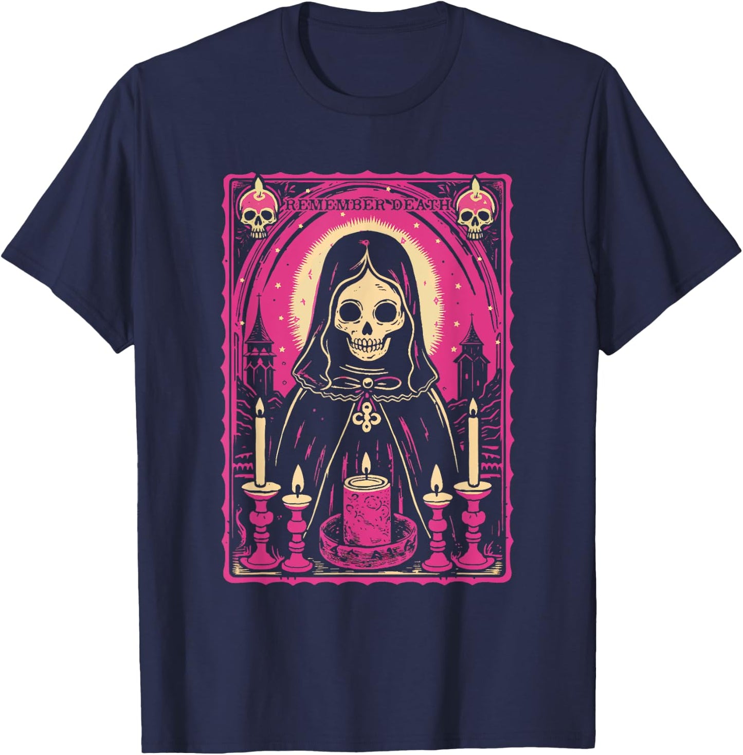 Remember Death Cute Pink Skeleton Skull Reaper w/ Candles T-Shirt - T-Shirt | Navy