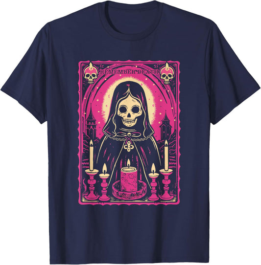 Remember Death Cute Pink Skeleton Skull Reaper w/ Candles T-Shirt - T-Shirt | Navy