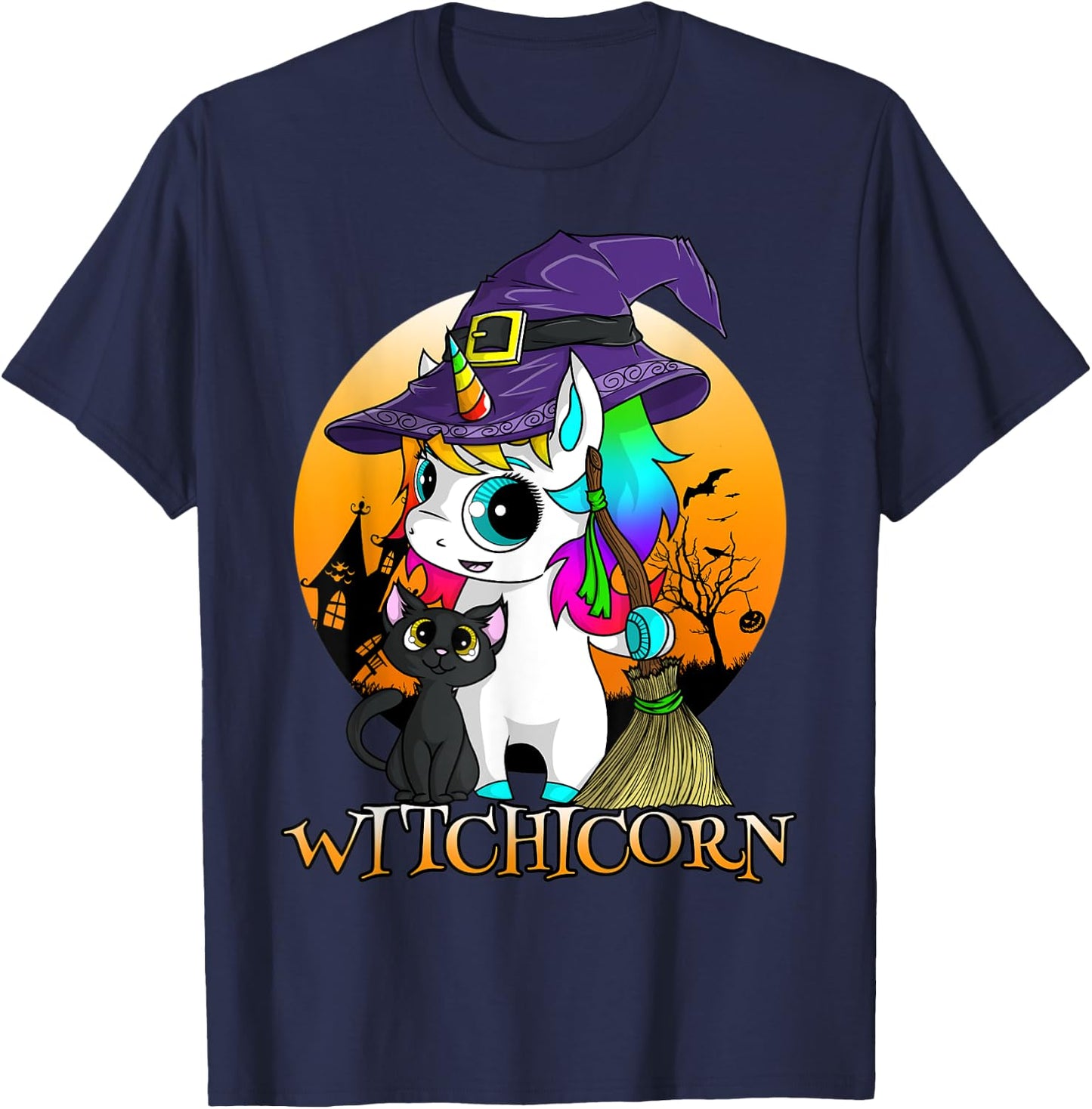 Witchicorn Unicorn Witch Halloween Black Cat Orange Moon T-Shirt - T-Shirt | Navy