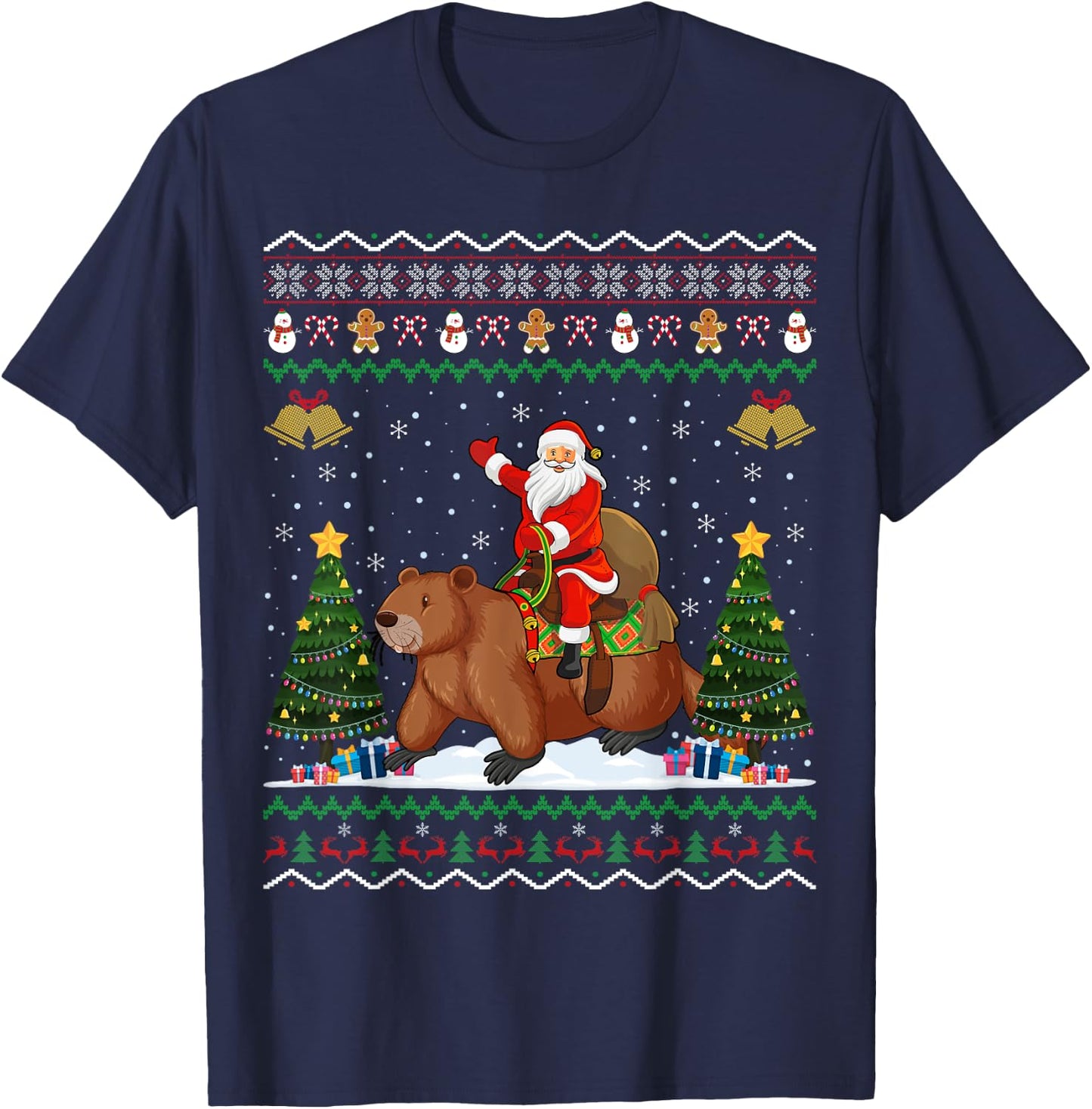 Beaver Ugly Xmas Gift Funny Santa Riding Beaver Christmas T-Shirt - T-Shirt | Navy