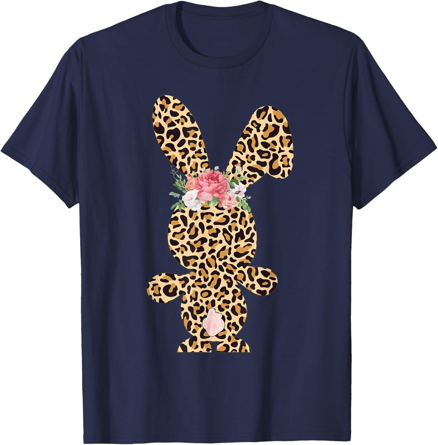 Leopard Print Bunny Flowers Girls Women Happy Easter T-Shirt - T-Shirt | Navy