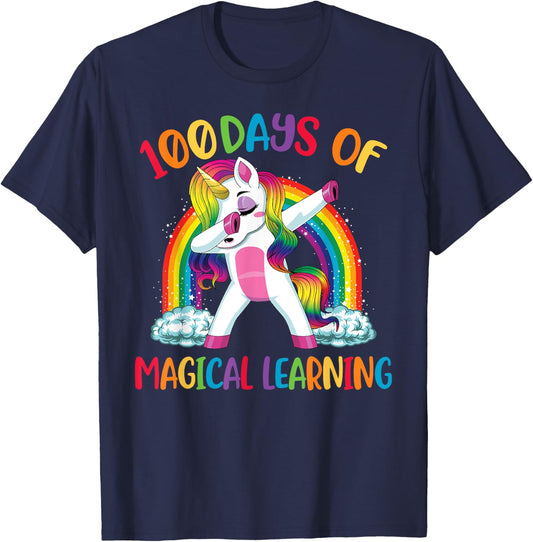 100 Days Of Magical Learning Dabbing Unicorn Girls Kids T-Shirt - T-Shirt | Navy