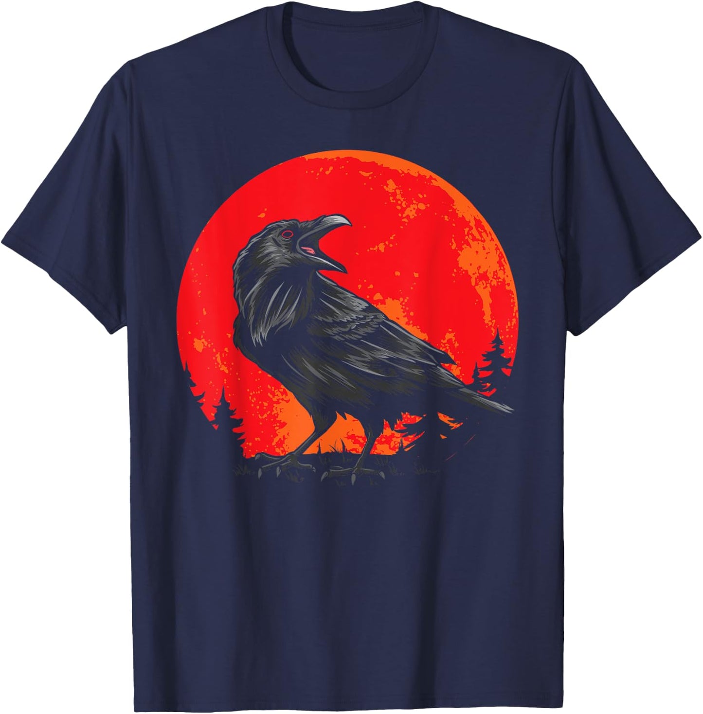 Red Moon Black Crow Gothic Animal Bird Spooky Forest Raven T-Shirt - T-Shirt | Navy