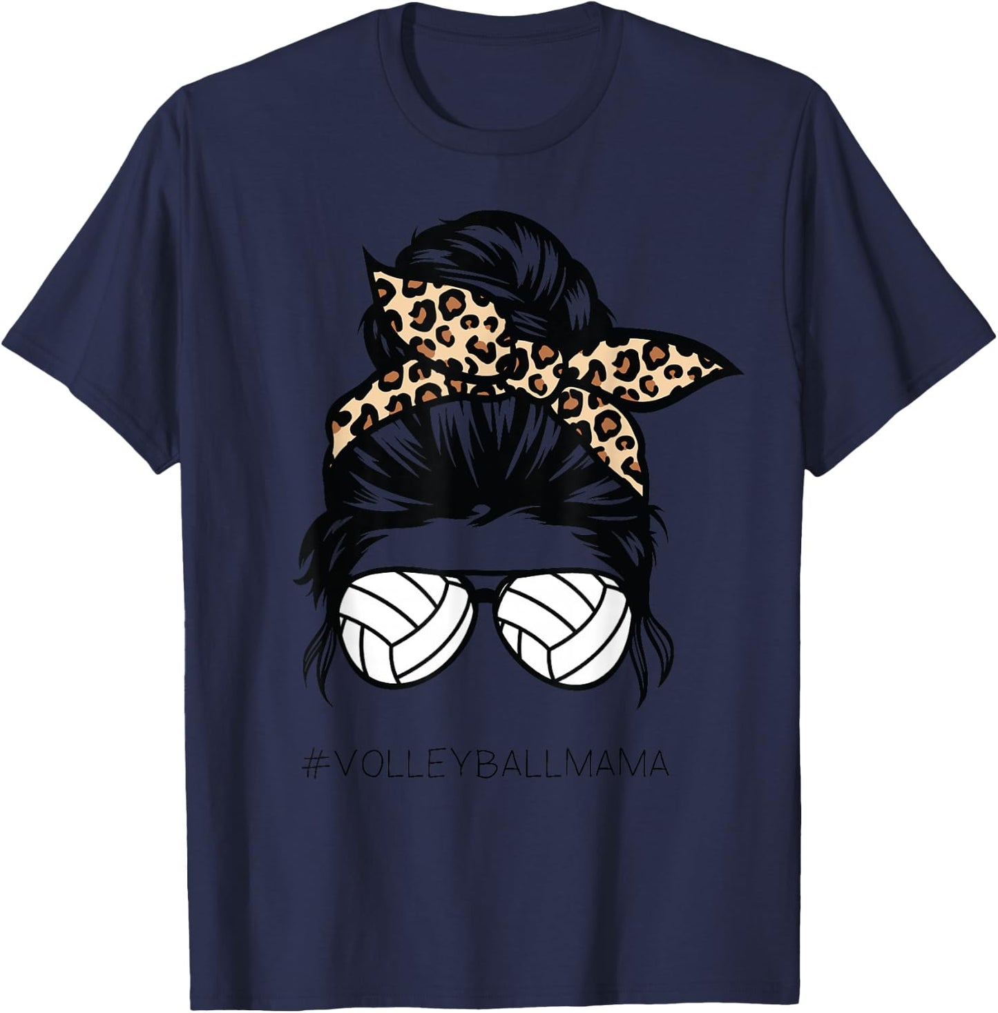 Volleyball Mom Leopard Ball messy hair bun Mother's Day T-Shirt - T-Shirt | Navy