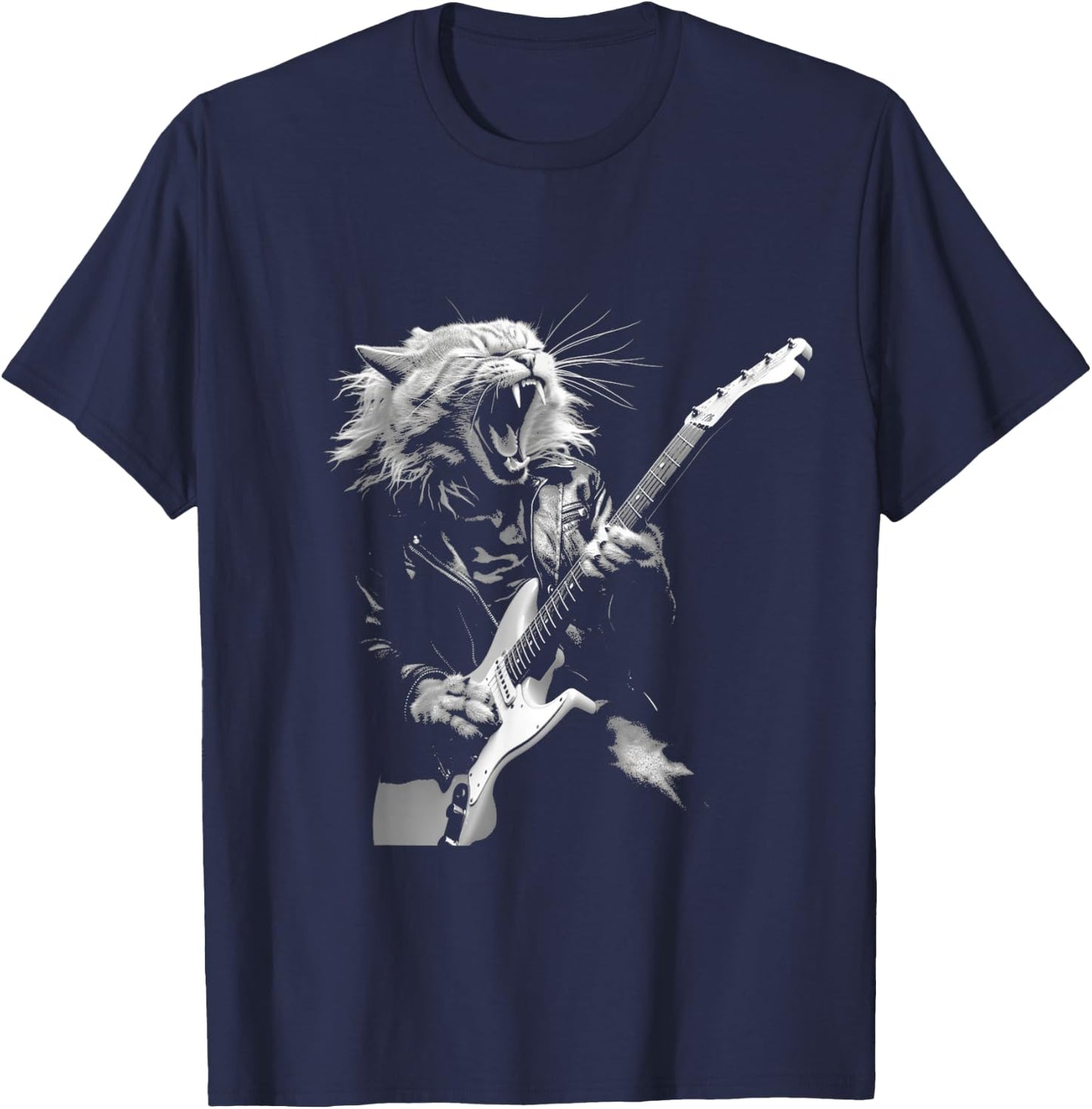 Rock Cat Playing Guitar Funny Guitar Cat Design T-Shirt - T-Shirt | Navy