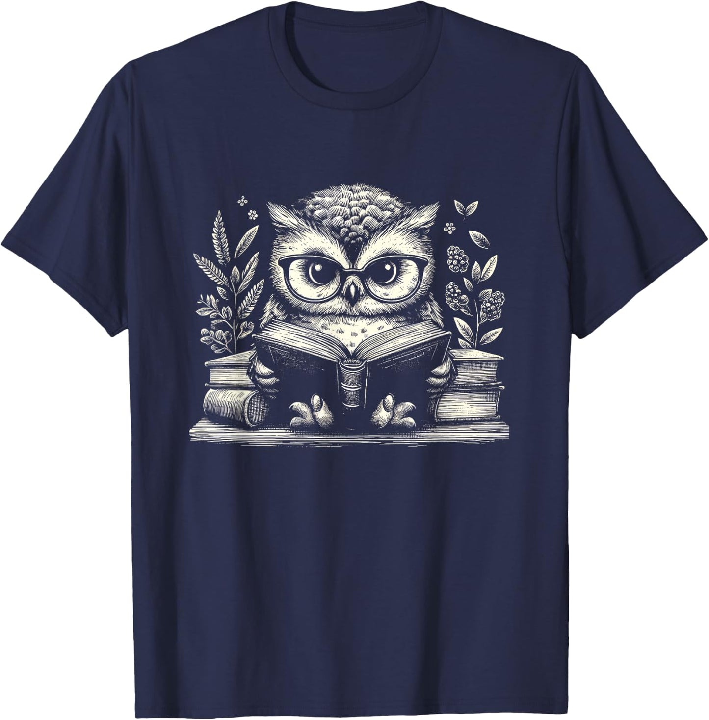 Cute Owl Reading Book Graphic Art Design T-Shirt - T-Shirt | Navy