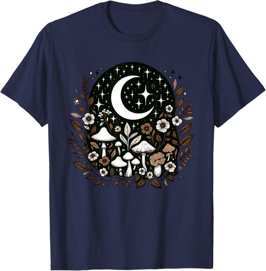 Cottagecore Mushroom & Goblincore Moon Aesthetic, Flowers T-Shirt - T-Shirt | Navy