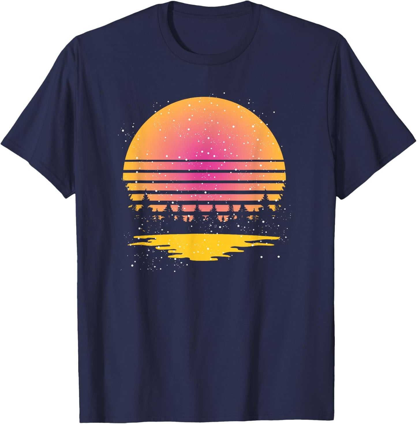 Retro Nature Wildlife Trees Reflection Full Moon Forest T-Shirt - T-Shirt | Navy