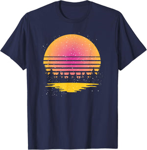 Retro Nature Wildlife Trees Reflection Full Moon Forest T-Shirt - T-Shirt | Navy