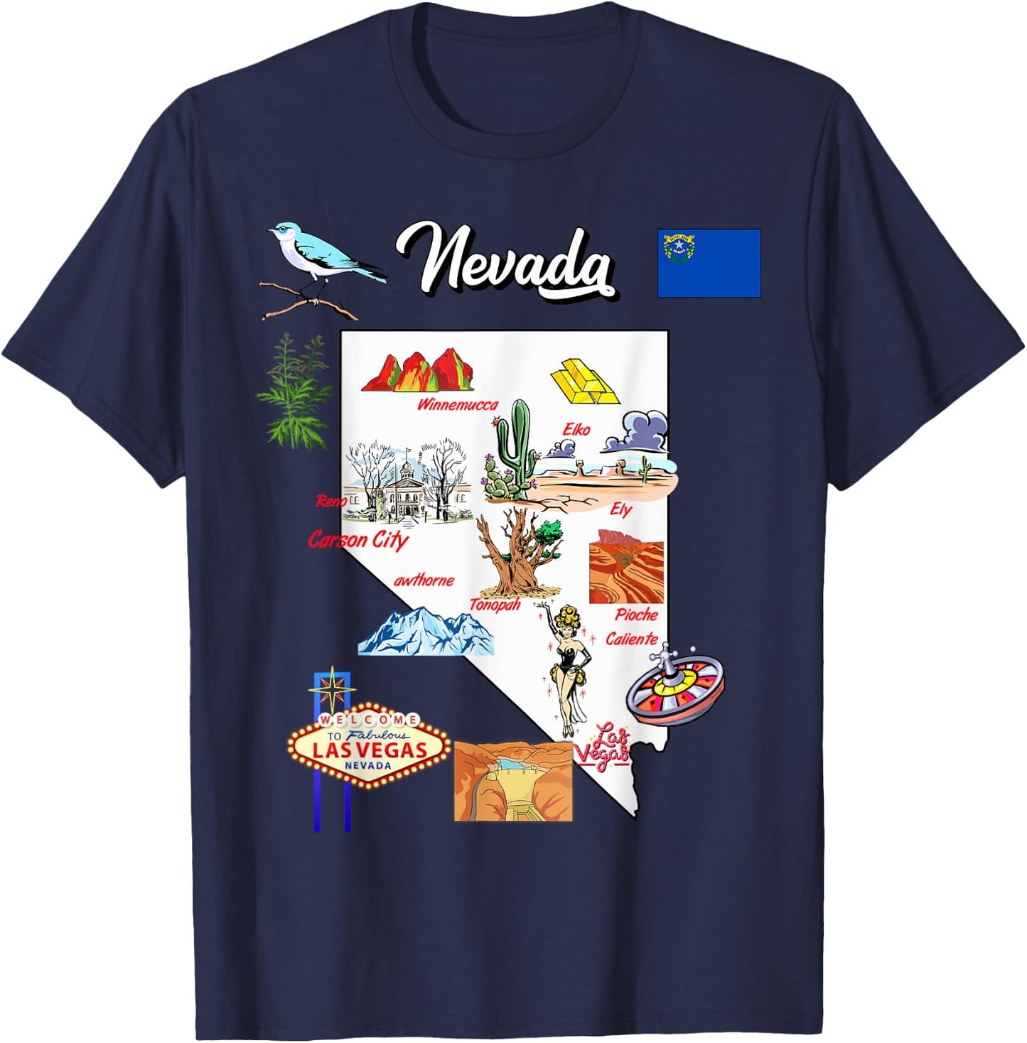 illustrated Map of Nevada in US with the Cities and symbols T-Shirt - T-Shirt | Navy