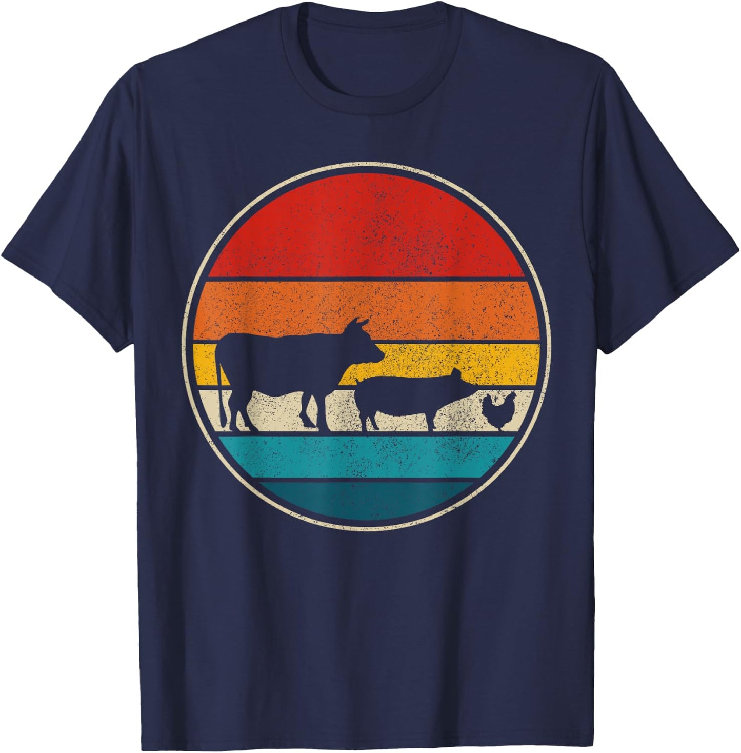 Farm Animals Cow Pig Chicken Vintage Retro Farm Gift T-Shirt - T-Shirt | Navy