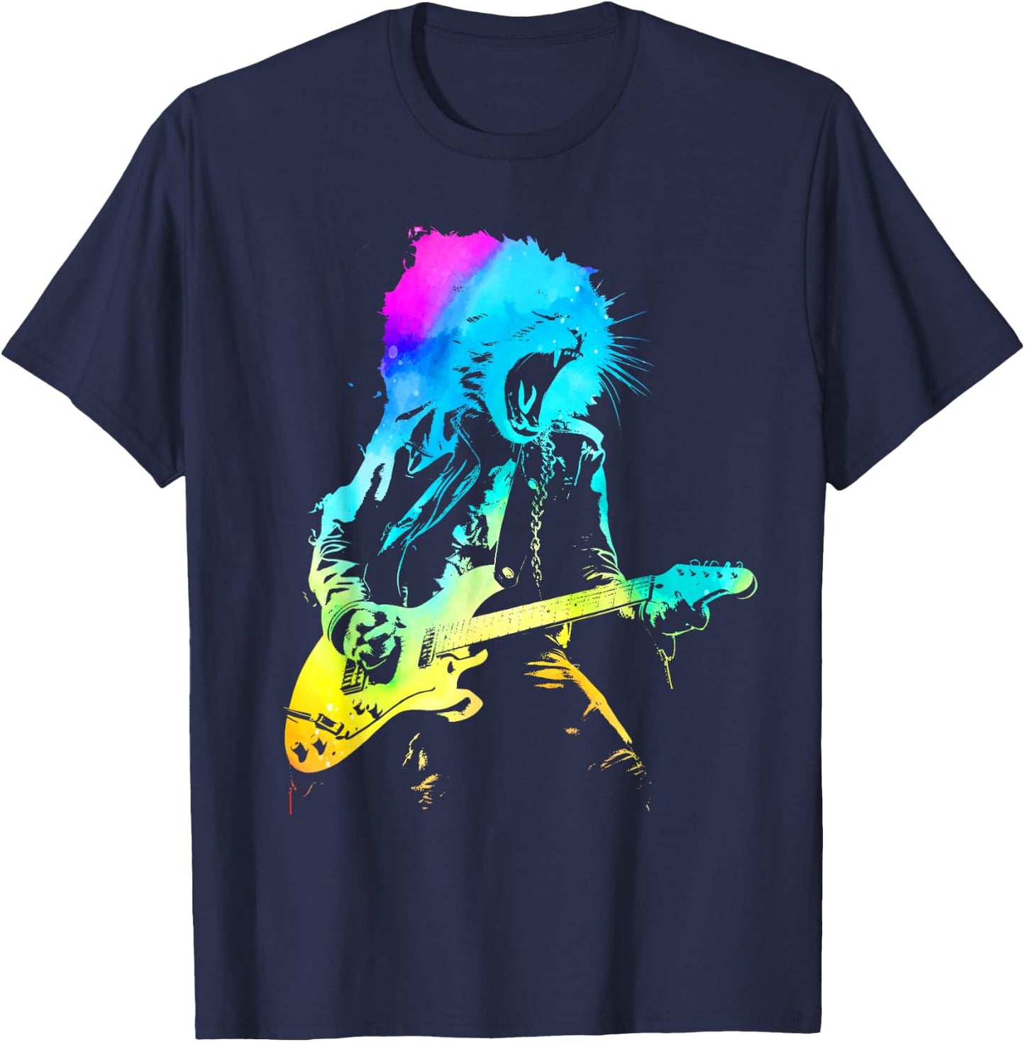 Colorful Rock Cat Playing Guitar Funny Guitar Cat Women T-Shirt - T-Shirt | Navy
