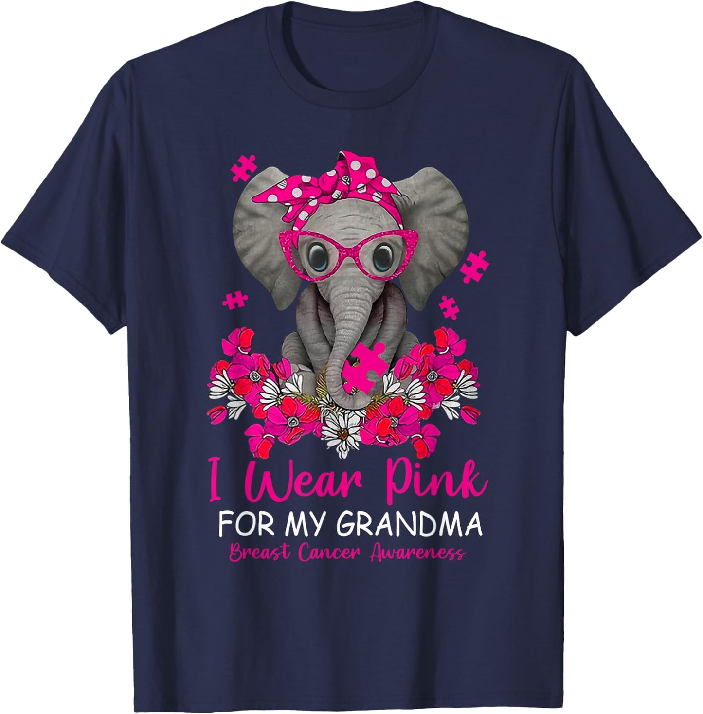I Wear Pink For My Grandma Elephant Breast Cancer Awareness T-Shirt - T-Shirt | Navy