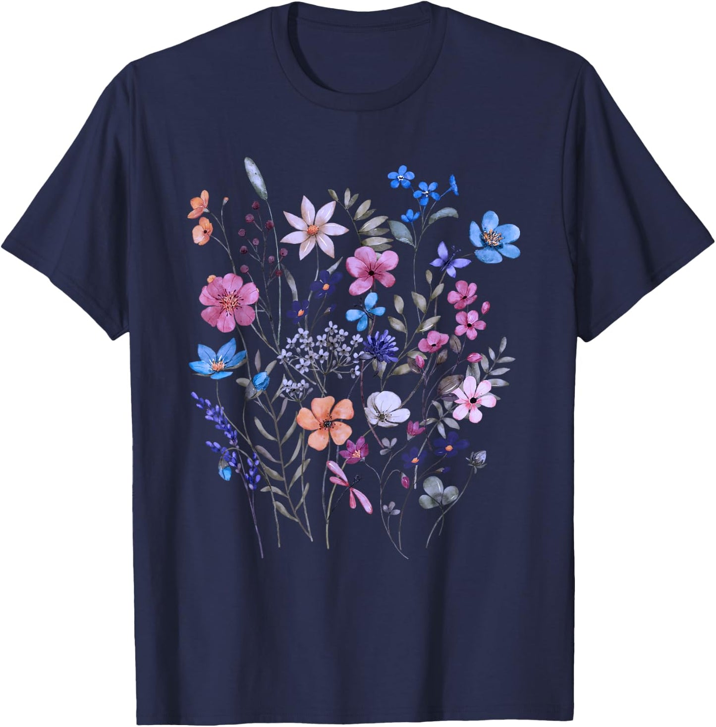 Vintage Flowers Women Wildflower Graphic Floral Gardening T-Shirt - T-Shirt | Navy