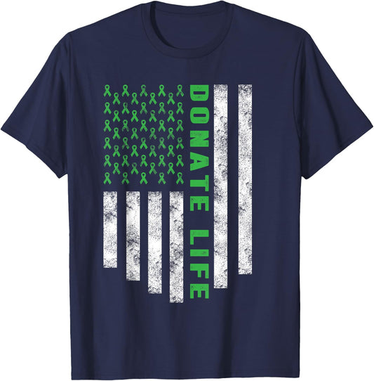 Organ Transplant Awareness USA Flag Donate Life Green Ribbon T-Shirt - T-Shirt | Navy