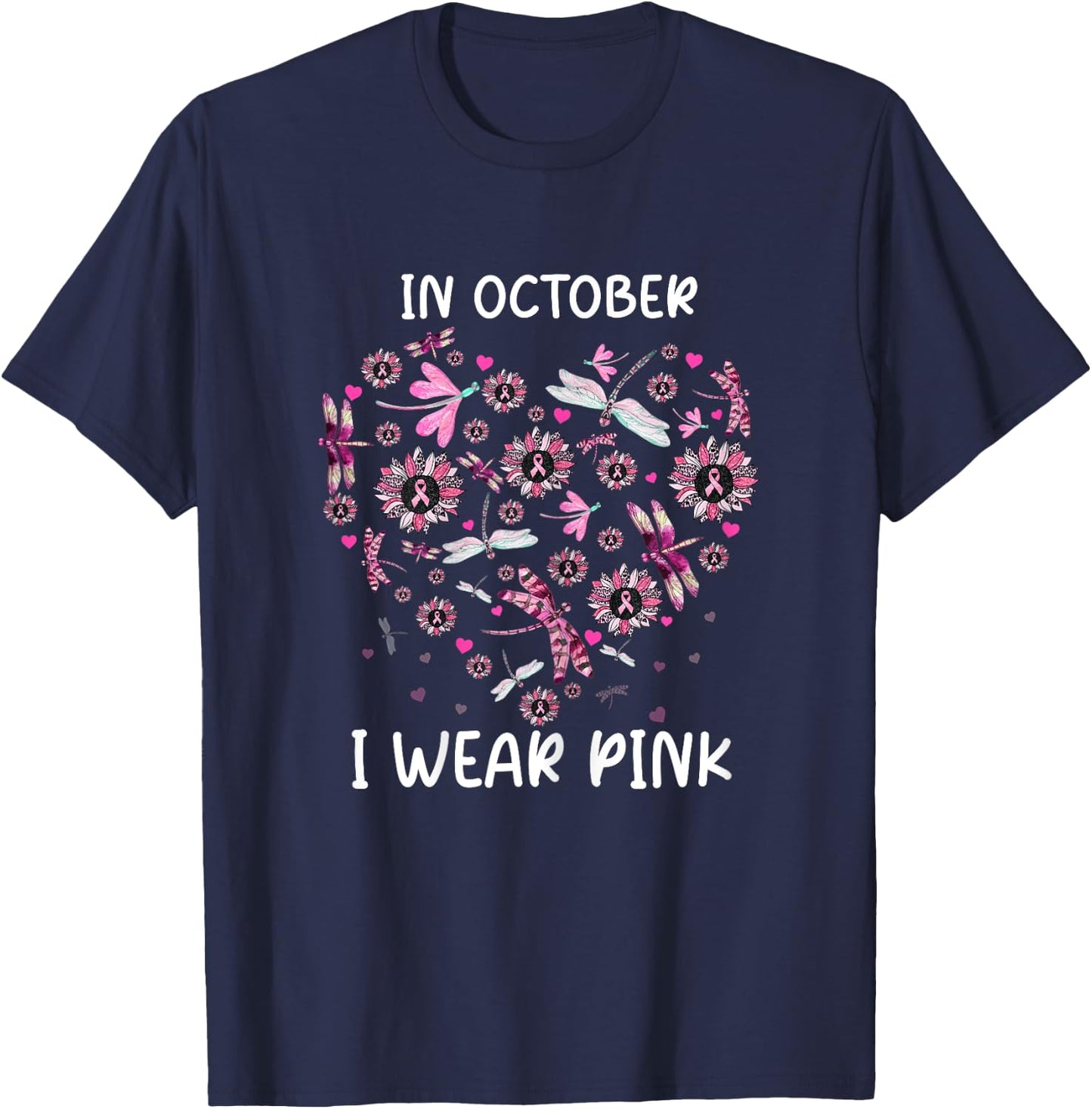 Sunflower Dragonfly Pink Breast Cancer Awareness Women T-Shirt - T-Shirt | Navy