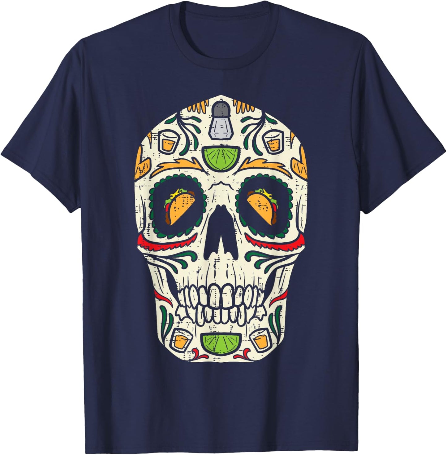 Sugar Skull Taco Tequila Pub Cinco De Mayo Calavera Mexican T-Shirt - T-Shirt | Navy