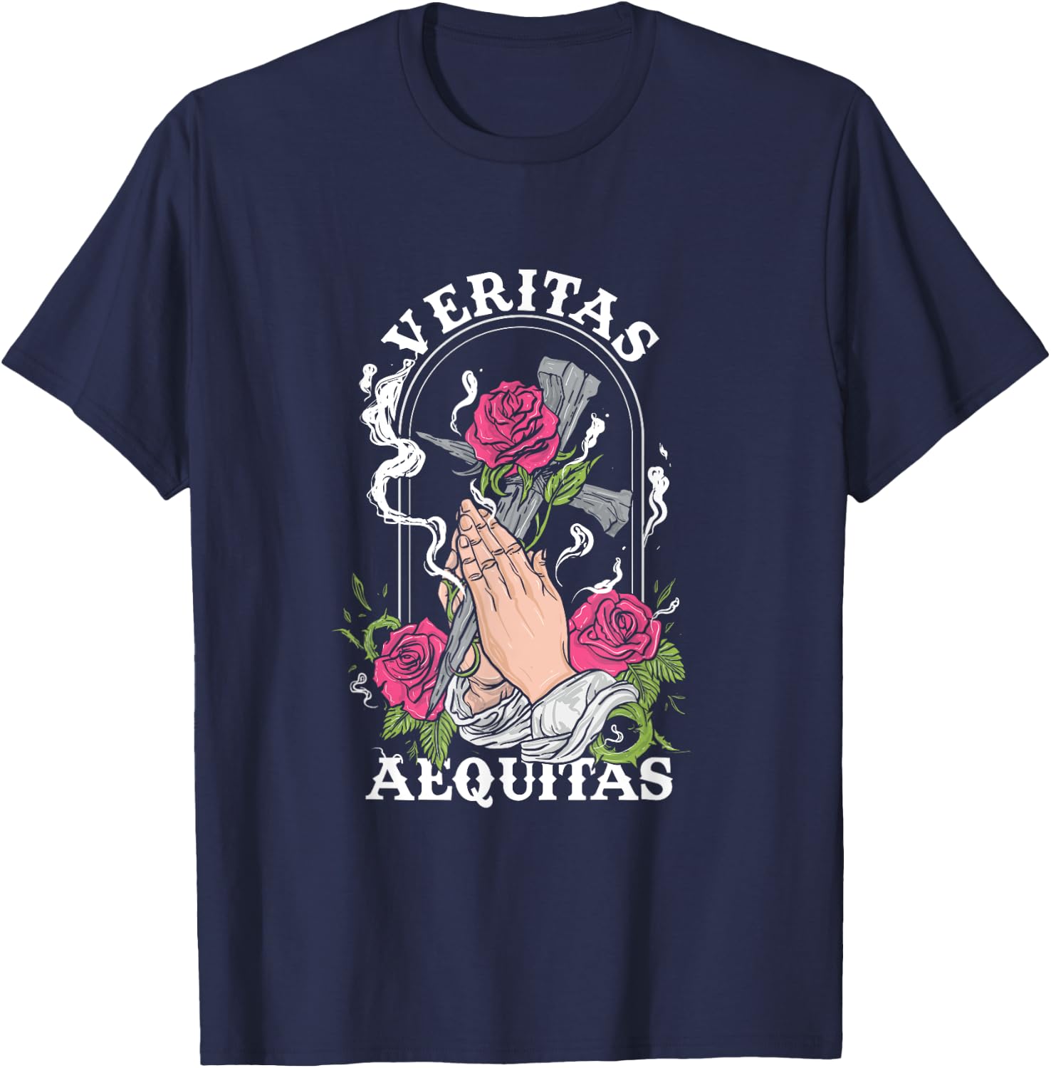 Veritas Aequitas Cross Roses Praying Hands Pray God Gift T-Shirt - T-Shirt | Navy