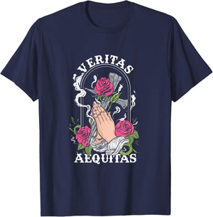 Veritas Aequitas Cross Roses Praying Hands Pray God Gift T-Shirt - T-Shirt | Navy