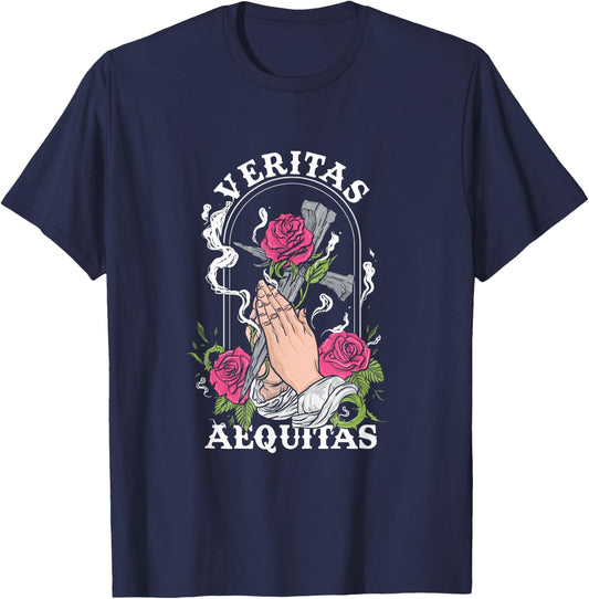 Veritas Aequitas Cross Roses Praying Hands Pray God Gift T-Shirt - T-Shirt | Navy