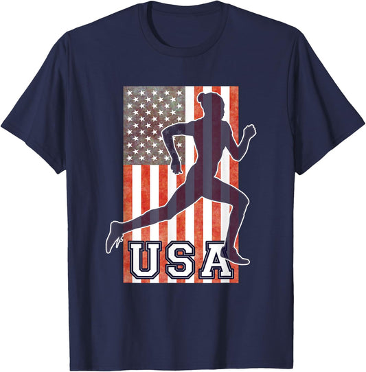 USA Women Running Track & Field Team American Flag Runner T-Shirt - T-Shirt | Navy