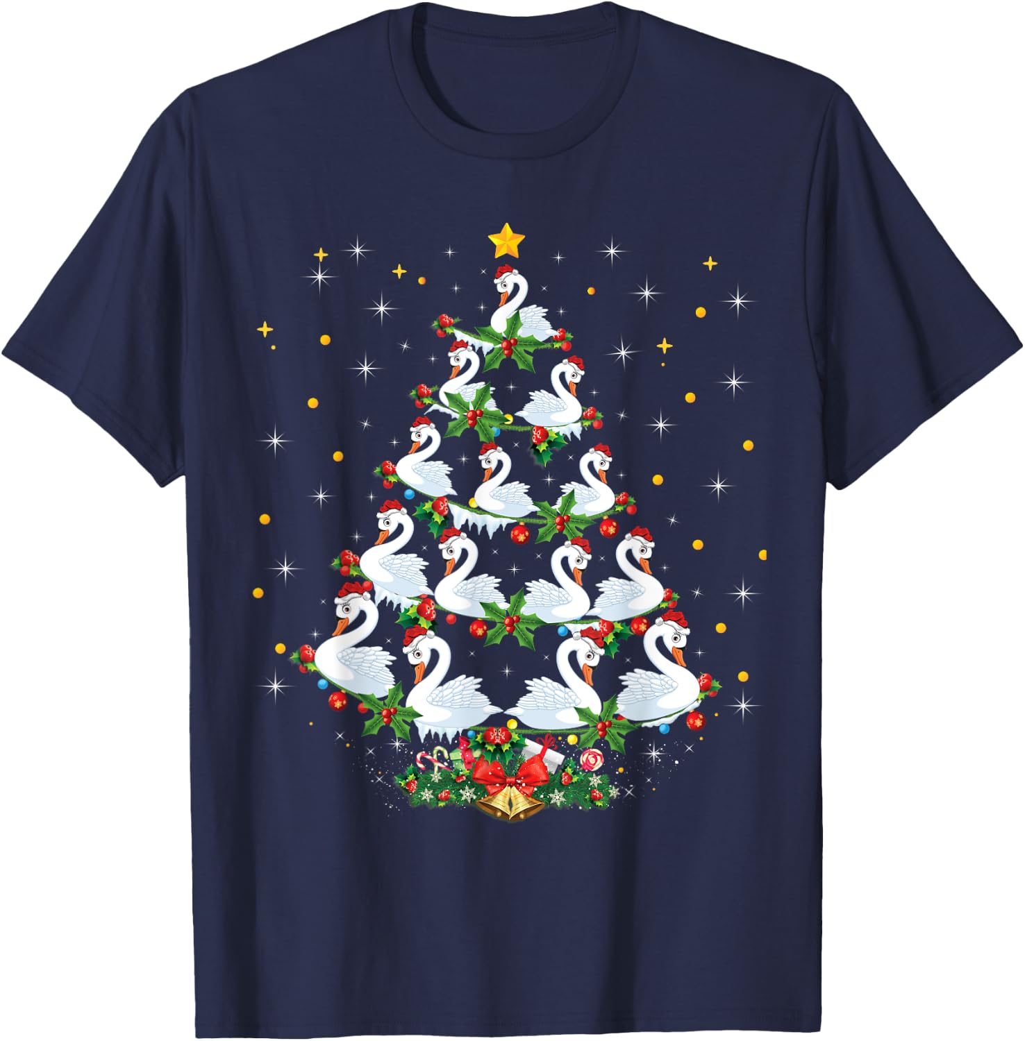 Funny Swans Bird Lover Xmas Gift Swans Christmas Tree T-Shirt - T-Shirt | Navy