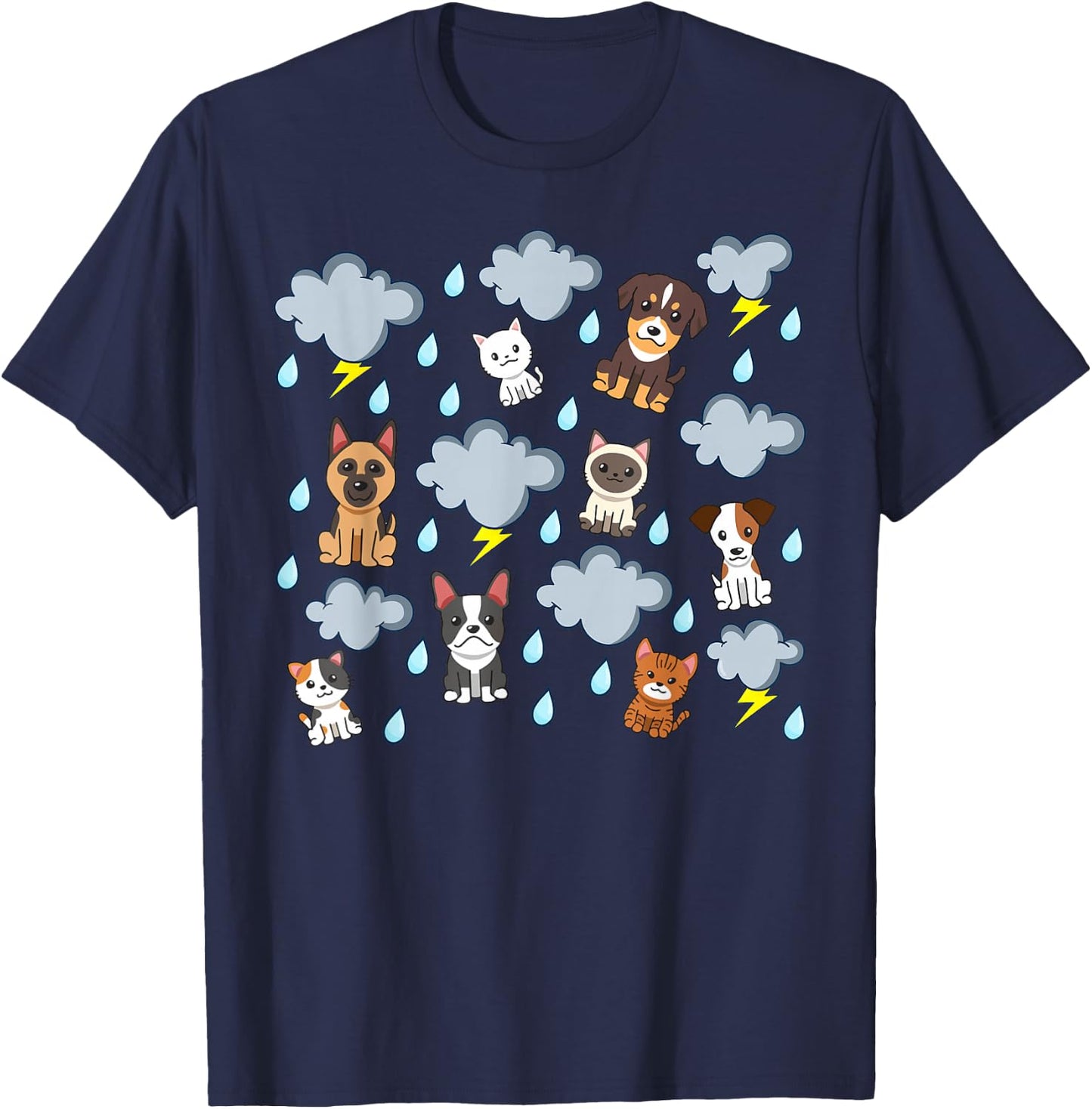 Raining Cats and Dogs Rain English Idiom Pets Puppies Kitten T-Shirt - T-Shirt | Navy