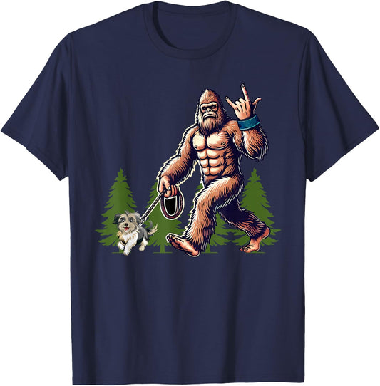 Funny Shih Tzu Bigfoot Dog Walking Dog Mom Dad Kids T-Shirt - T-Shirt | Navy