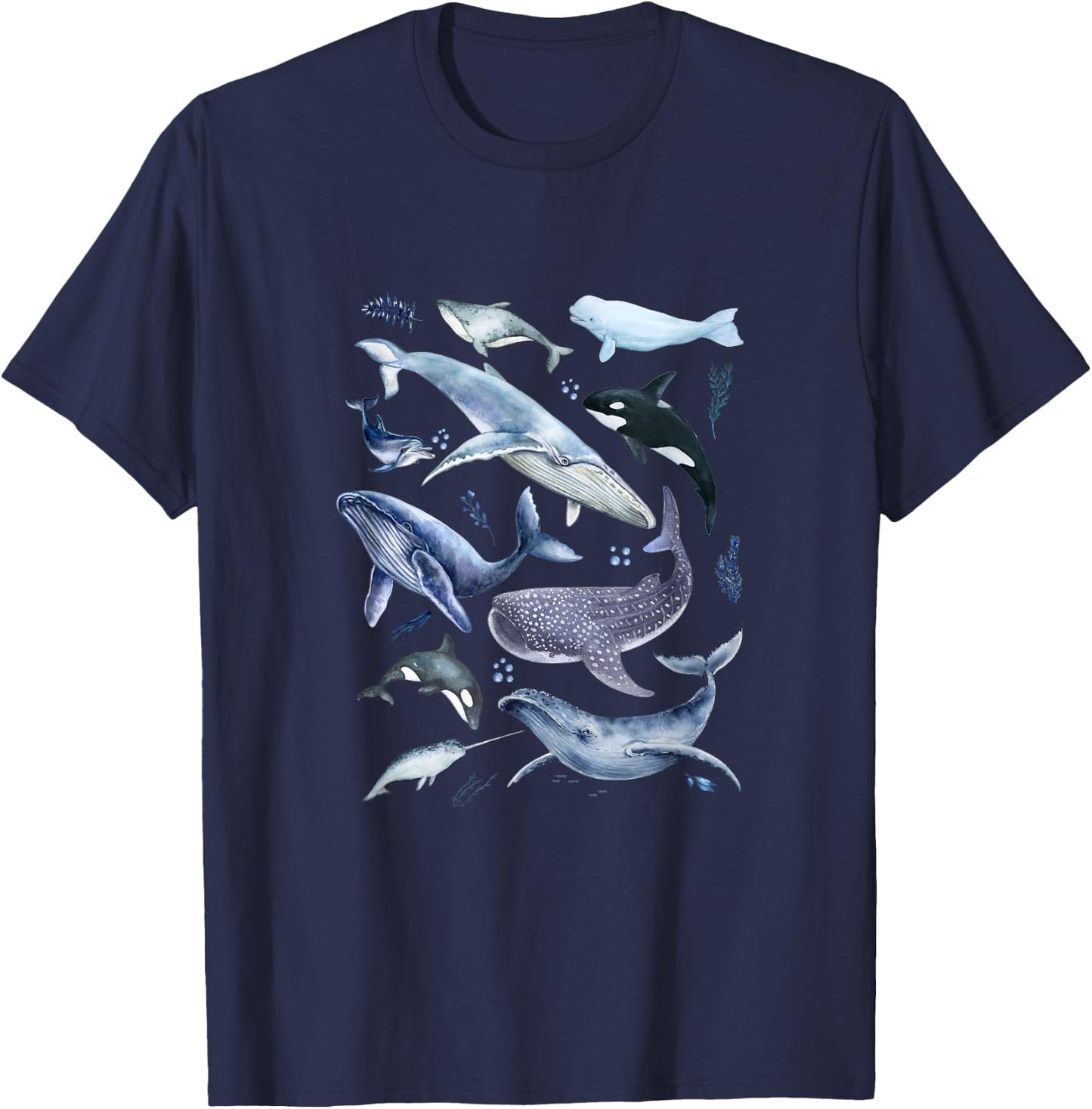 Watercolor Whale Aesthetic Blue Ocean Whales Dolphin Lover T-Shirt - T-Shirt | Navy