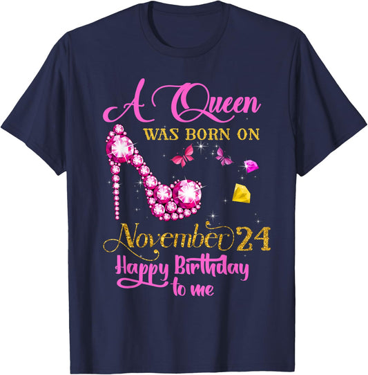 A Queen Was Born on November 24, 24th November Birthday Gift T-Shirt - T-Shirt | Navy