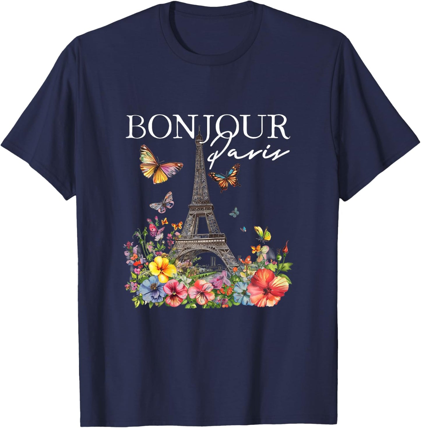 Bonjour Paris Floral Eiffel Tower France French Souvenirs T-Shirt - T-Shirt | Navy