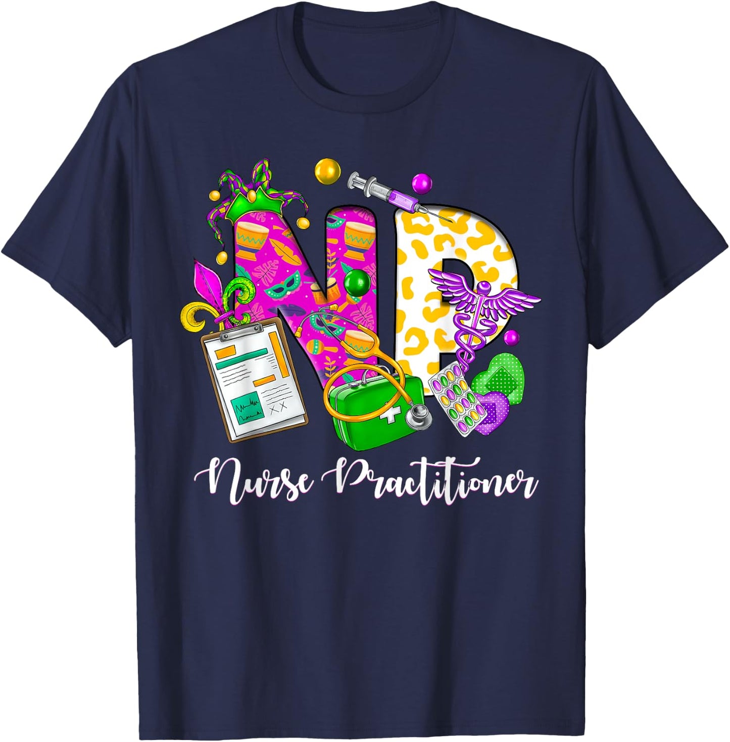 NP Nurse Practitioner Cute Mardi Gras Girl Women T-Shirt - T-Shirt | Navy