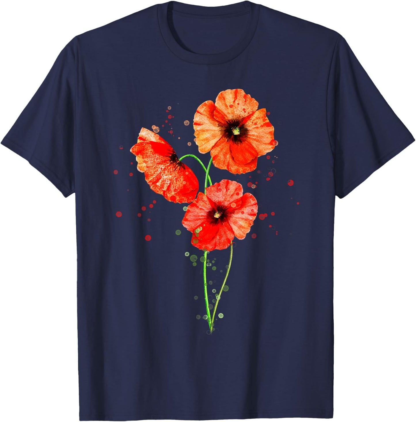 Red Poppies Watercolor Painting Botanical Flower Art T-Shirt - T-Shirt | Navy