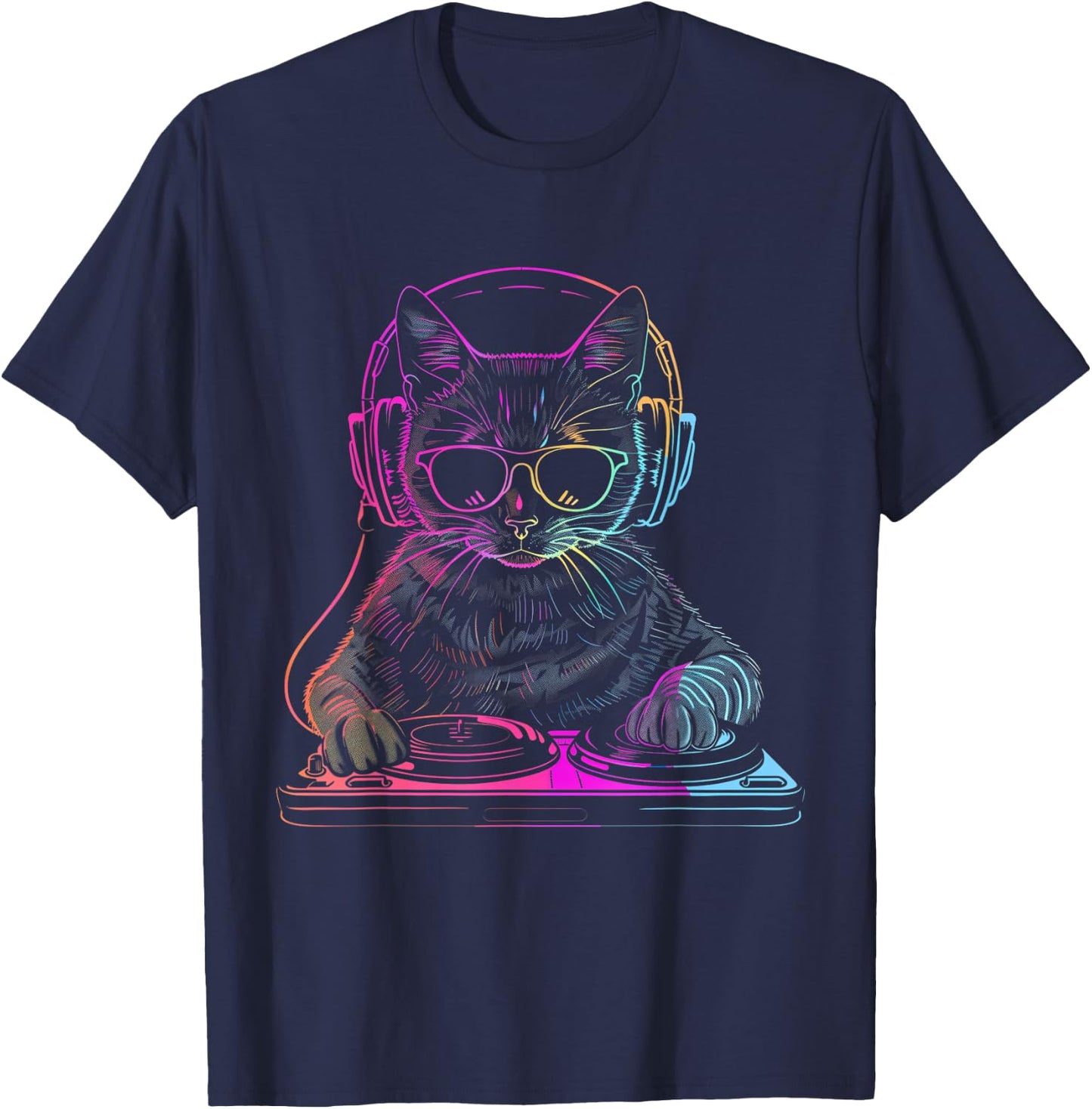 DJ Cat EDM Techno House Music Funny Cat Lover T-Shirt - T-Shirt | Navy