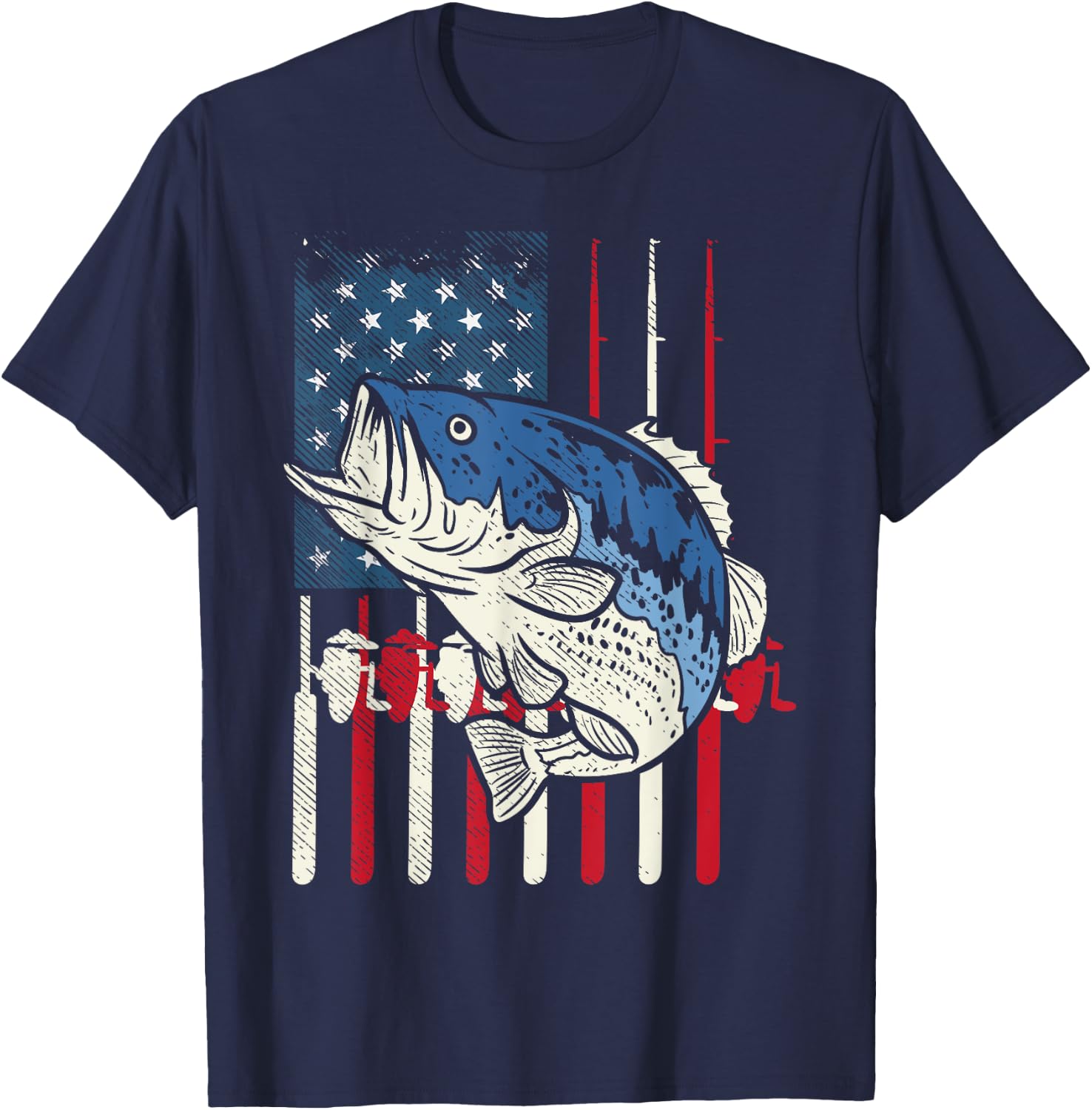 Bass Fish US American Flag Patriotic Fishing Fisherman Gift T-Shirt - T-Shirt | Navy
