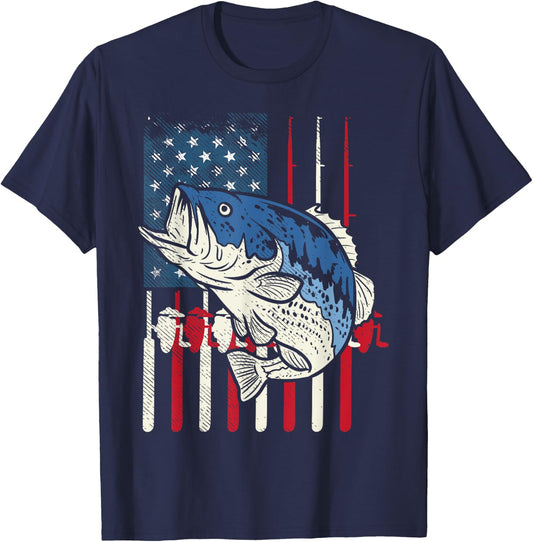 Bass Fish US American Flag Patriotic Fishing Fisherman Gift T-Shirt - T-Shirt | Navy