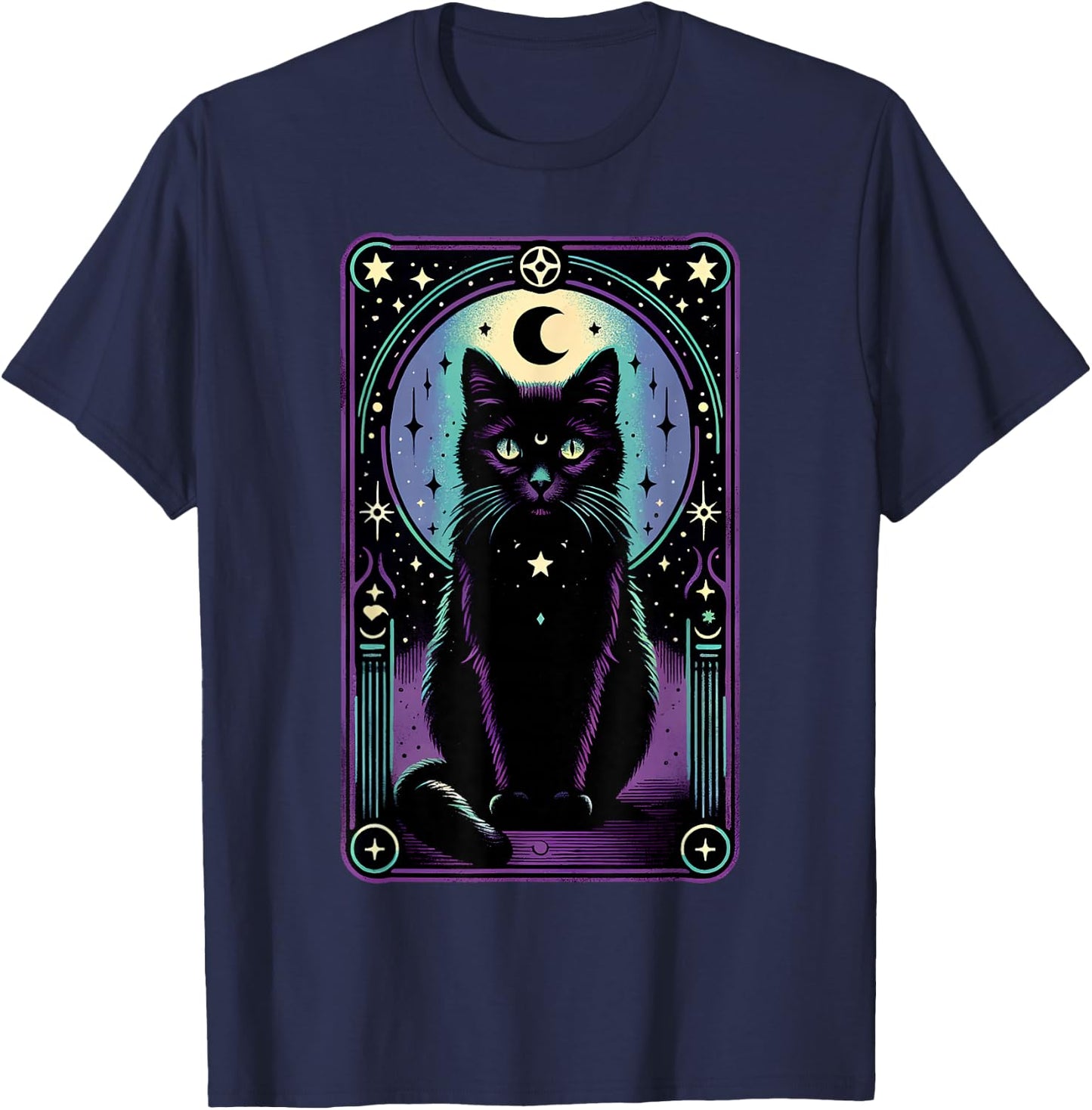 Tarot Card Crescent Moon Black Cat Lover Tarot Cat Vintage T-Shirt - T-Shirt | Navy