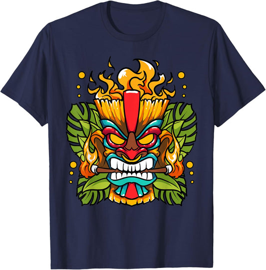 Hawaiian Tiki Mask Fire Totem God Of The Luau T-Shirt - T-Shirt | Navy