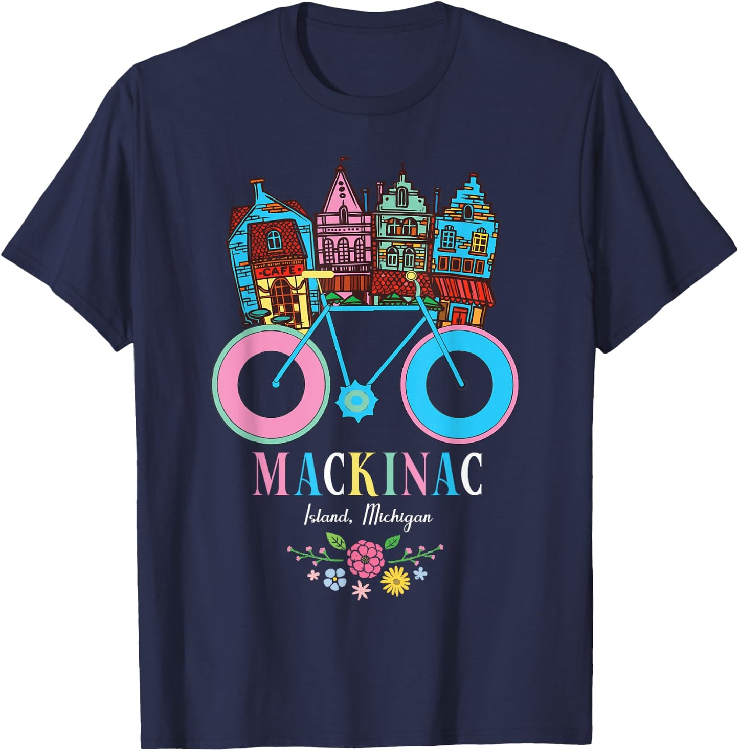 Mackinac Island Michigan Retro Bike Art T-Shirt - T-Shirt | Navy