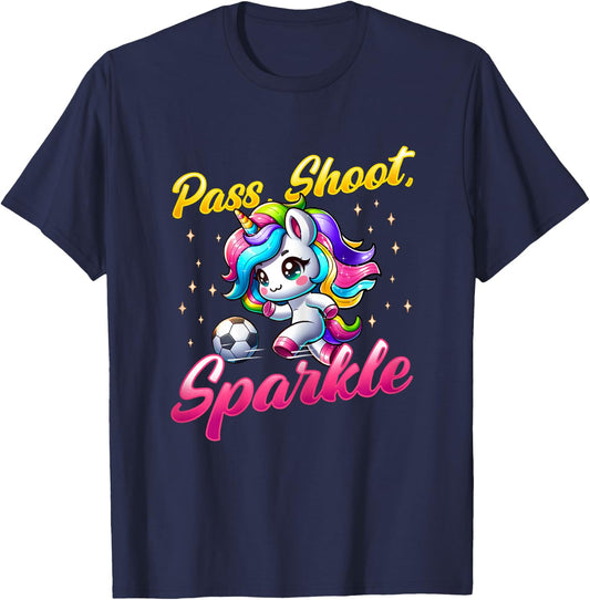 Pass Shoot Sparkle Soccer Player Unicorn Women Girls T-Shirt - T-Shirt | Navy