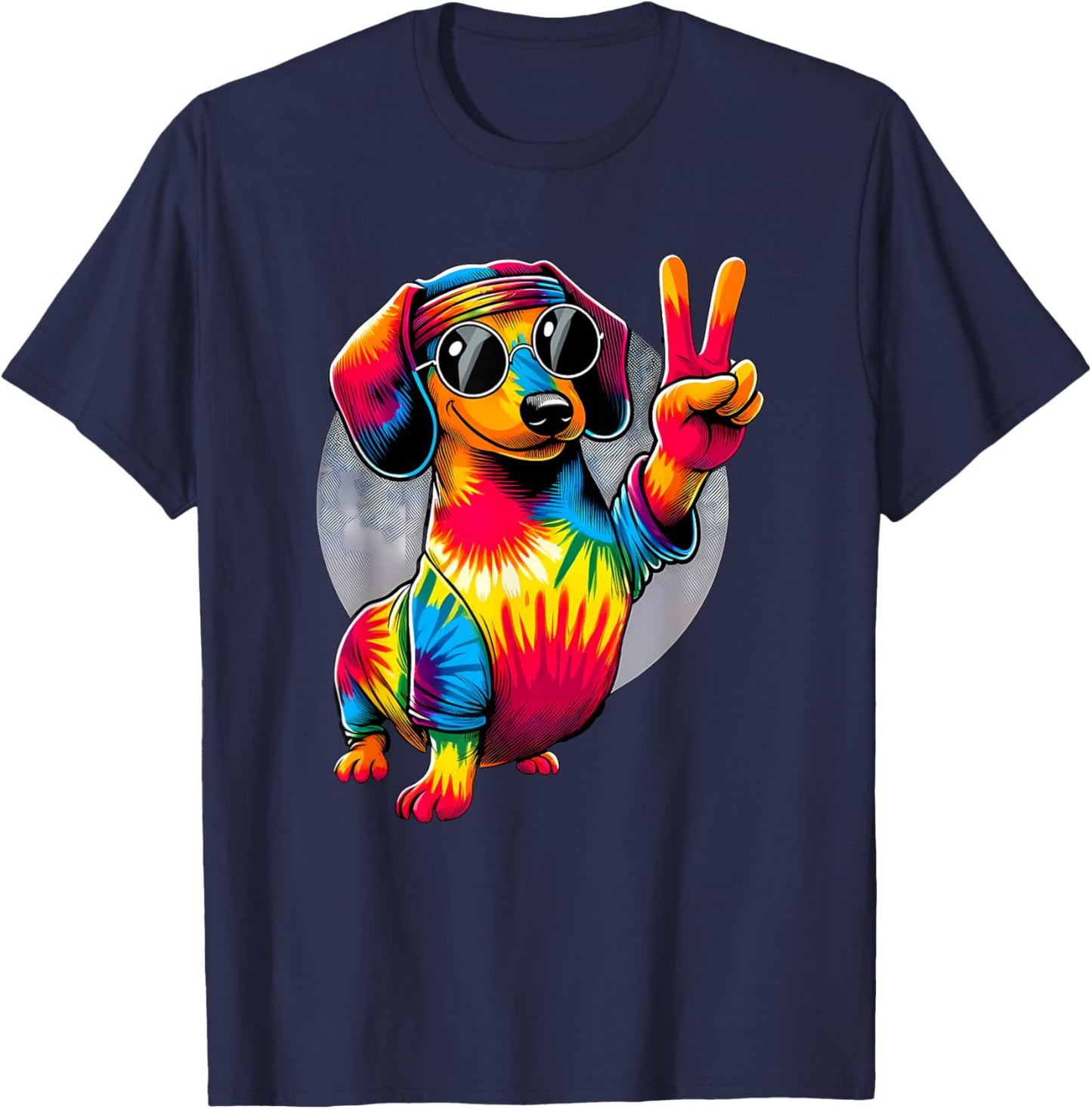 Peace Sign Tie Dye Weiner Dachshund Dog Women Kids T-Shirt - T-Shirt | Navy