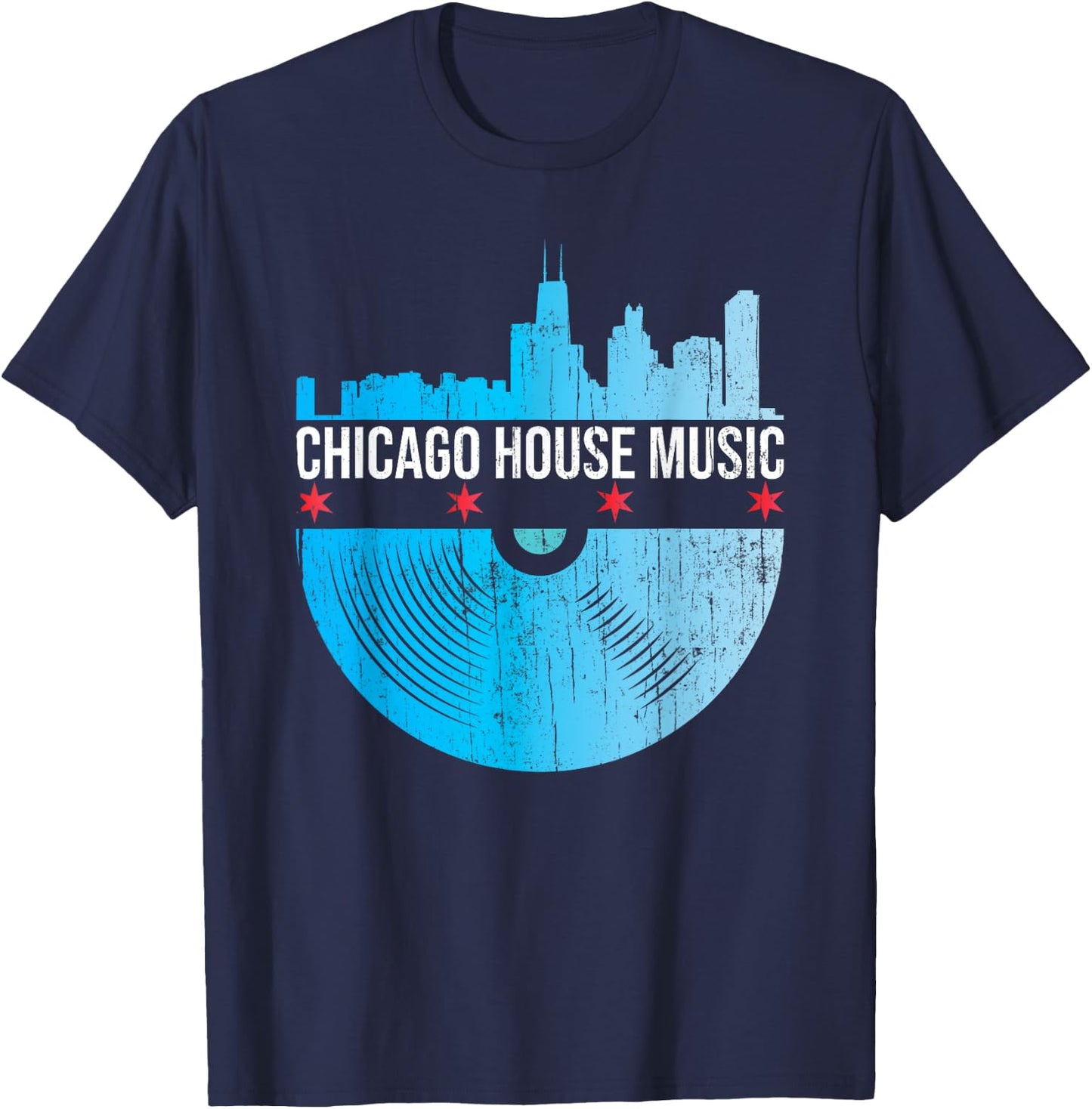 Chicago House Music - Skyline Vinyl Record DJ Rave T-Shirt - T-Shirt | Navy